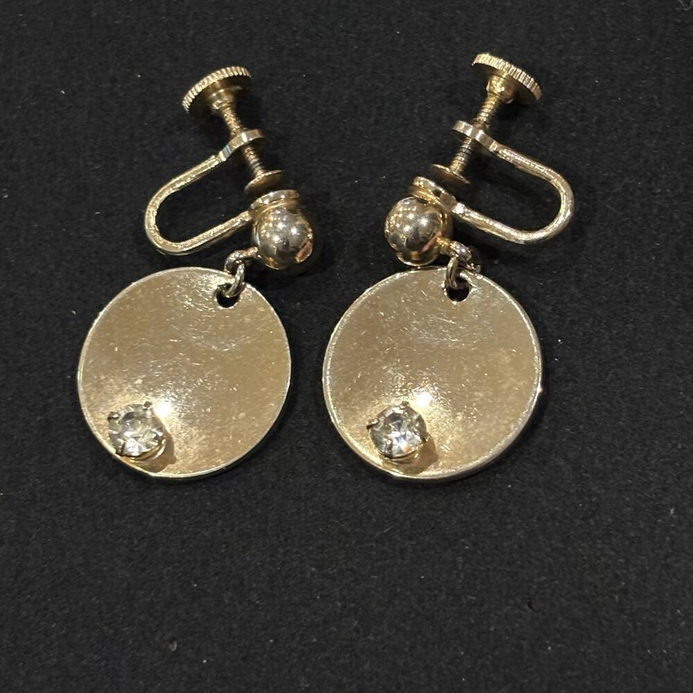 Vintage Alice Signed Gold Tone Ball Disc & Rhinestone Screw Back Dangle Earrings